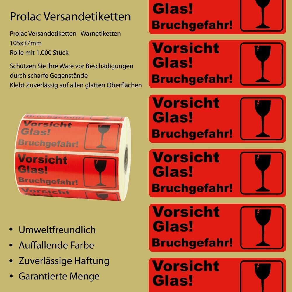 1000 Stück Vorsicht Glas Bruchgefahr!" Versandetiketten Warnaufkleber  105x37mm