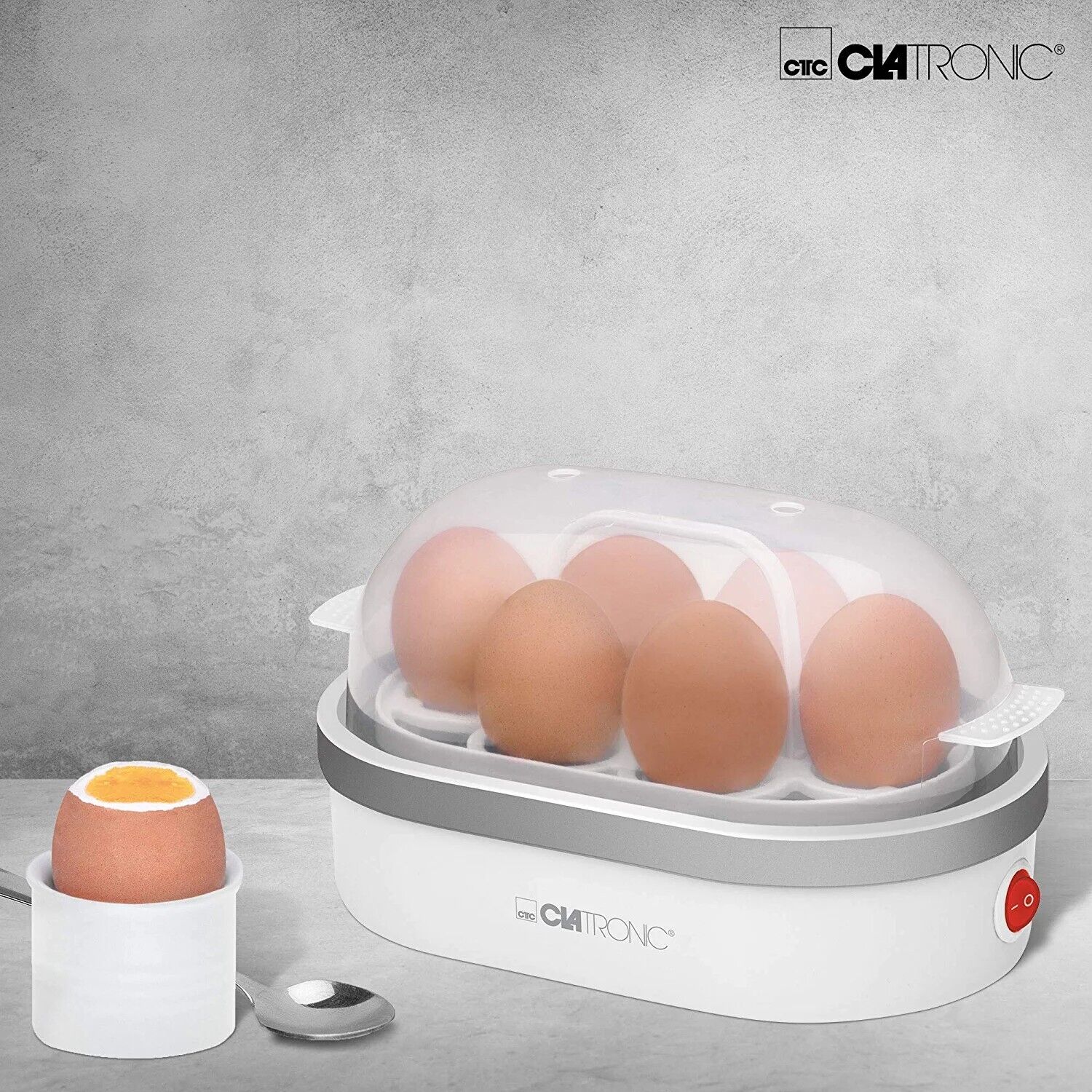 Eierkocher 1 - 6 Eier rund Silber 400 Watt akkustisches Signal Zubereitung weiß