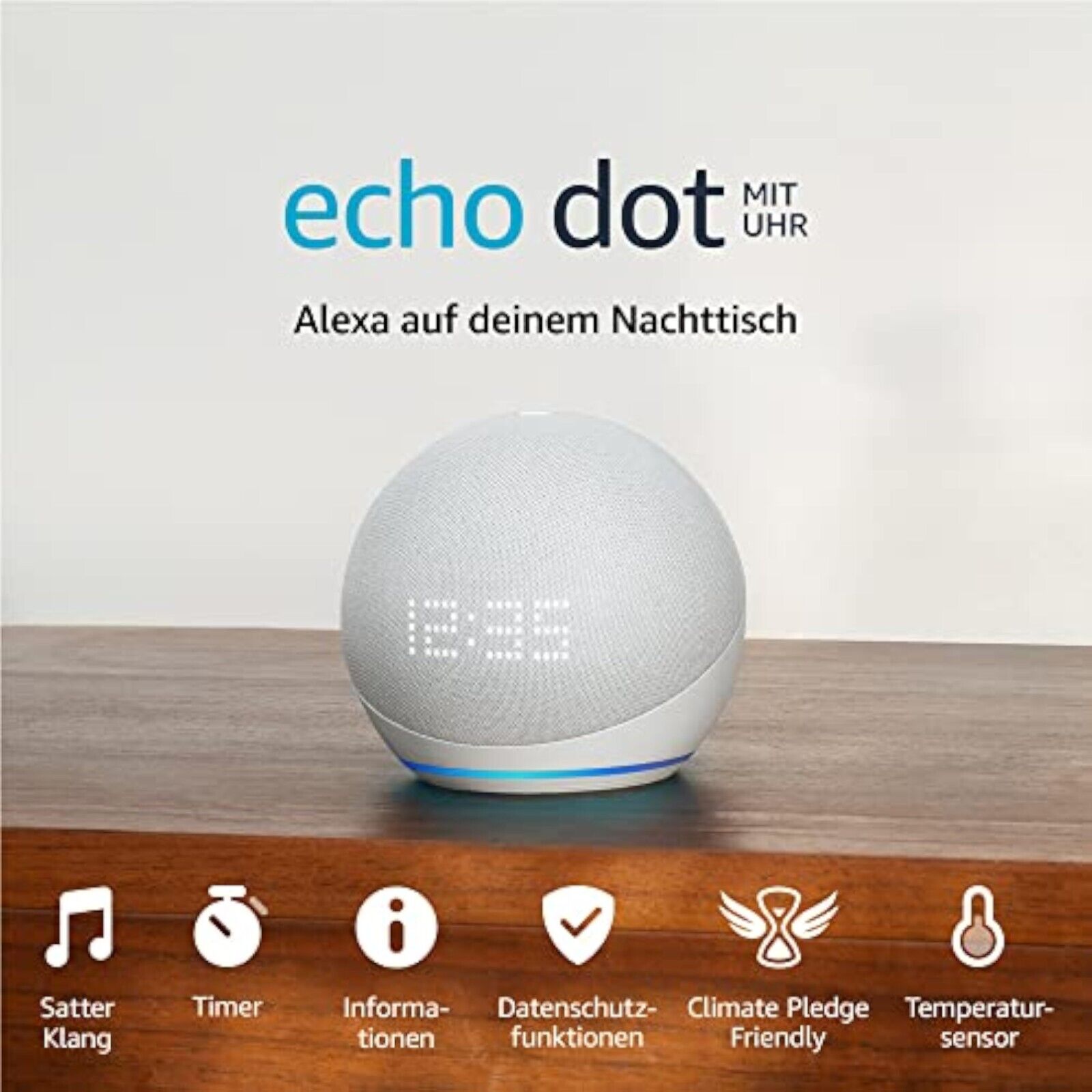 Amazon Echo Dot (5. Gen) mit Uhr in Weiß Smart Home WLAN Lautsprecher mit Alexa