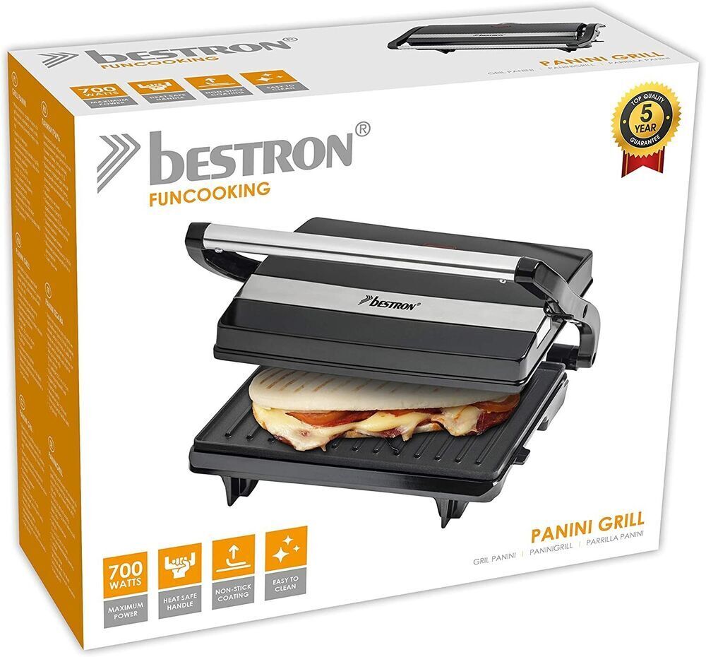 Bestron Panini Grill, Kontaktgrill APM123Z, 700W, Deckelverriegelung