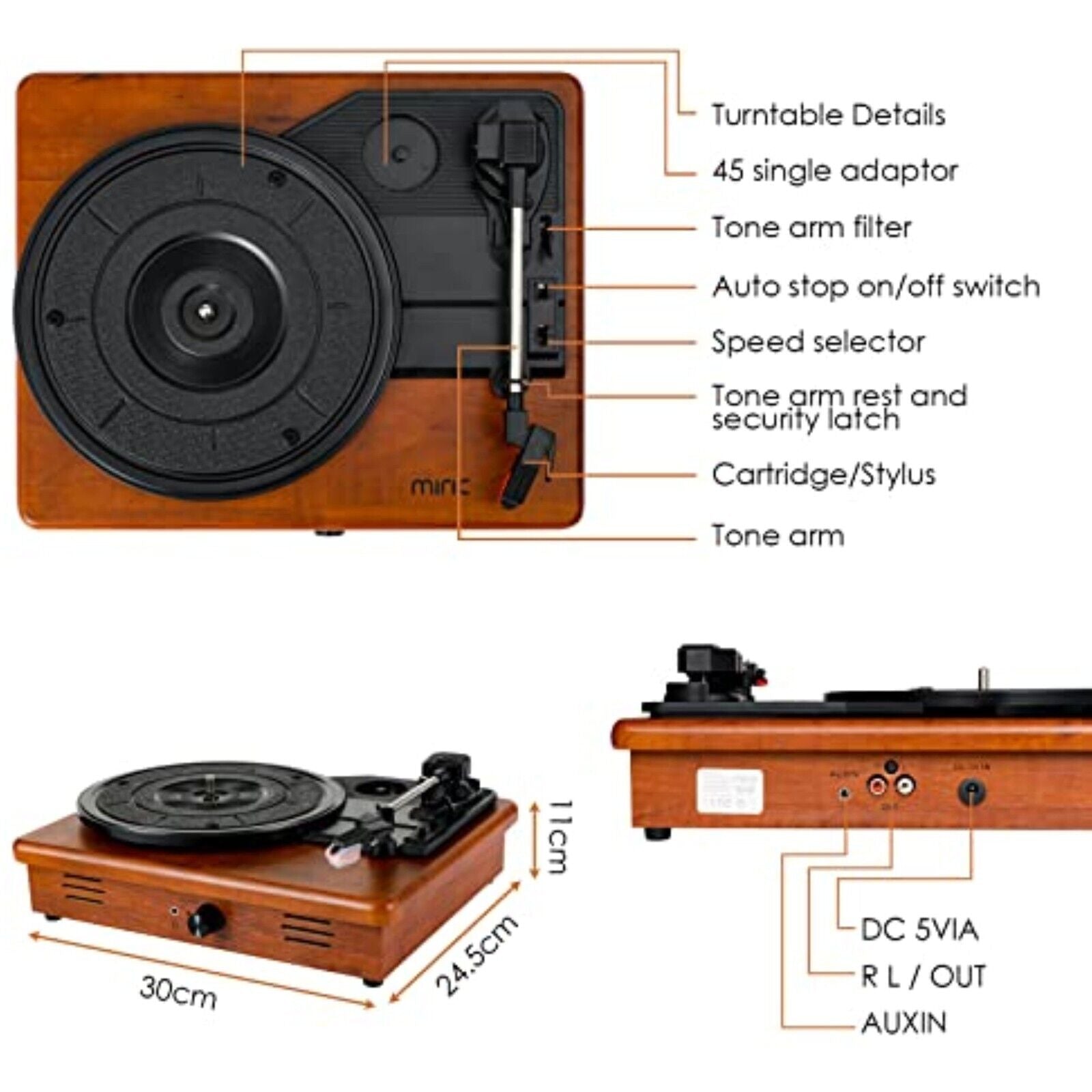 Plattenspieler Nostalgie Holz Musikanlage Kompaktanlage Retro mit USB Bluetooth