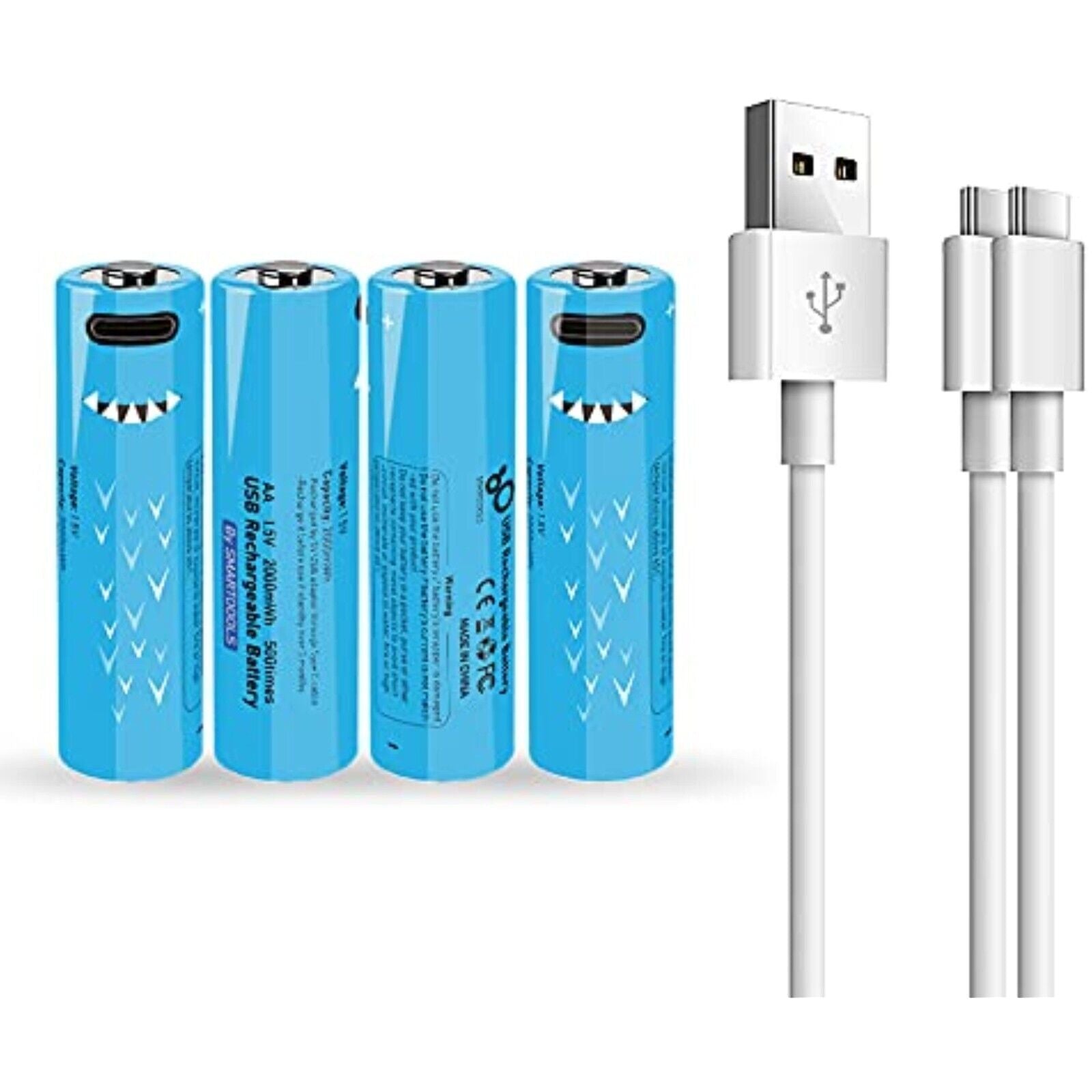 4 blaue Typ-C-AA-Batterien,wiederaufladbare Batterien 1,5V 2000 mWh,Typ-C-Kabel