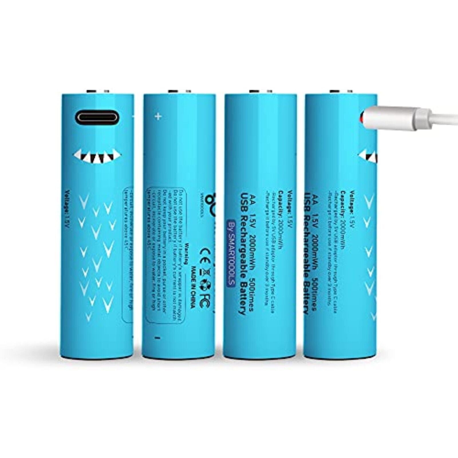 4 blaue Typ-C-AA-Batterien,wiederaufladbare Batterien 1,5V 2000 mWh,Typ-C-Kabel