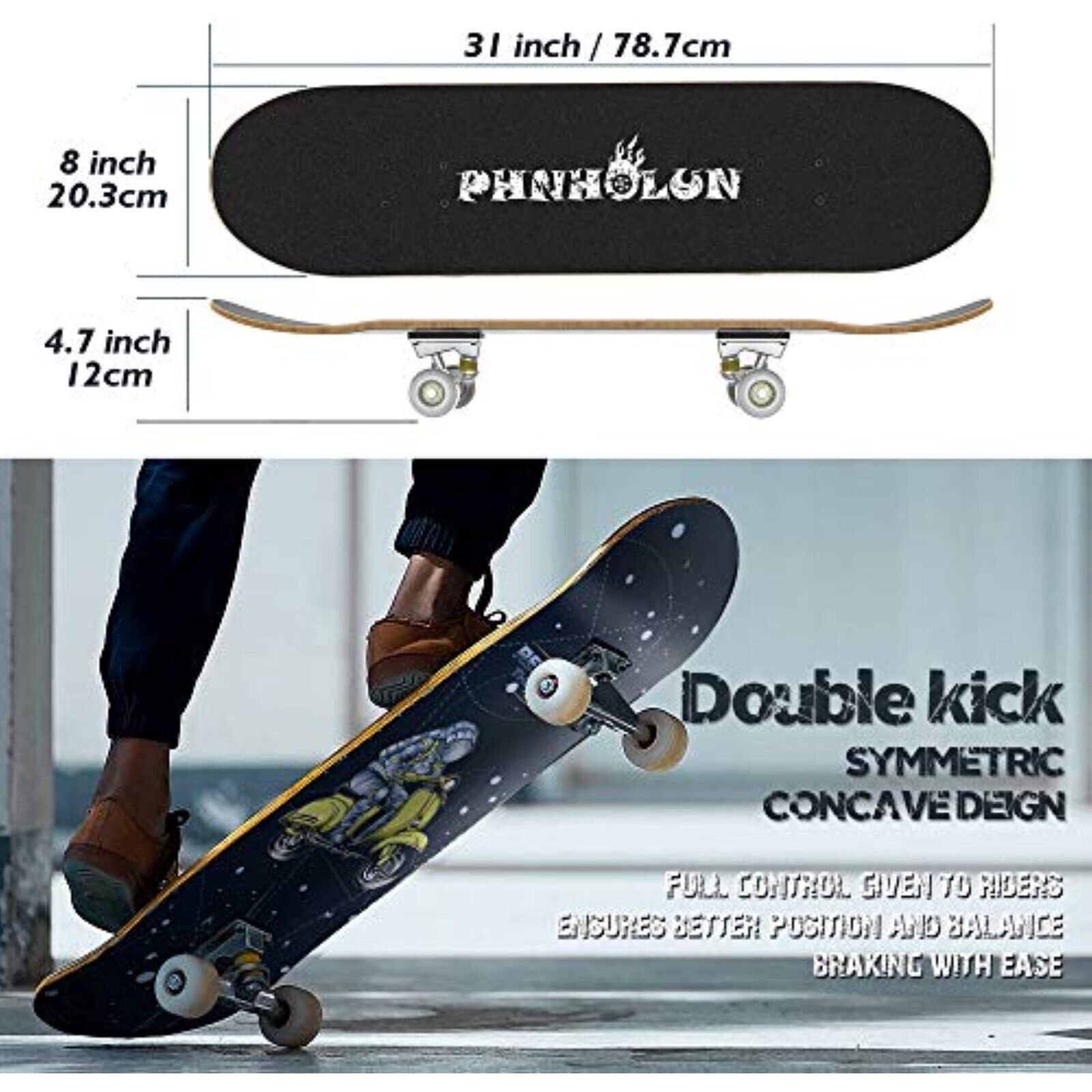 PHNHOLUN Skateboards for Beginners, 31 x 8 Inch Complete Skateboard with ABEC-7
