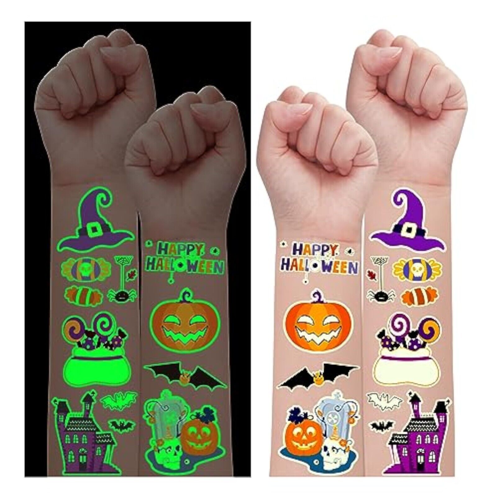 Leuchtende Tattoo Kinder Halloween Deko, 300 Stile Halloween Skelett/Süßigkeit..