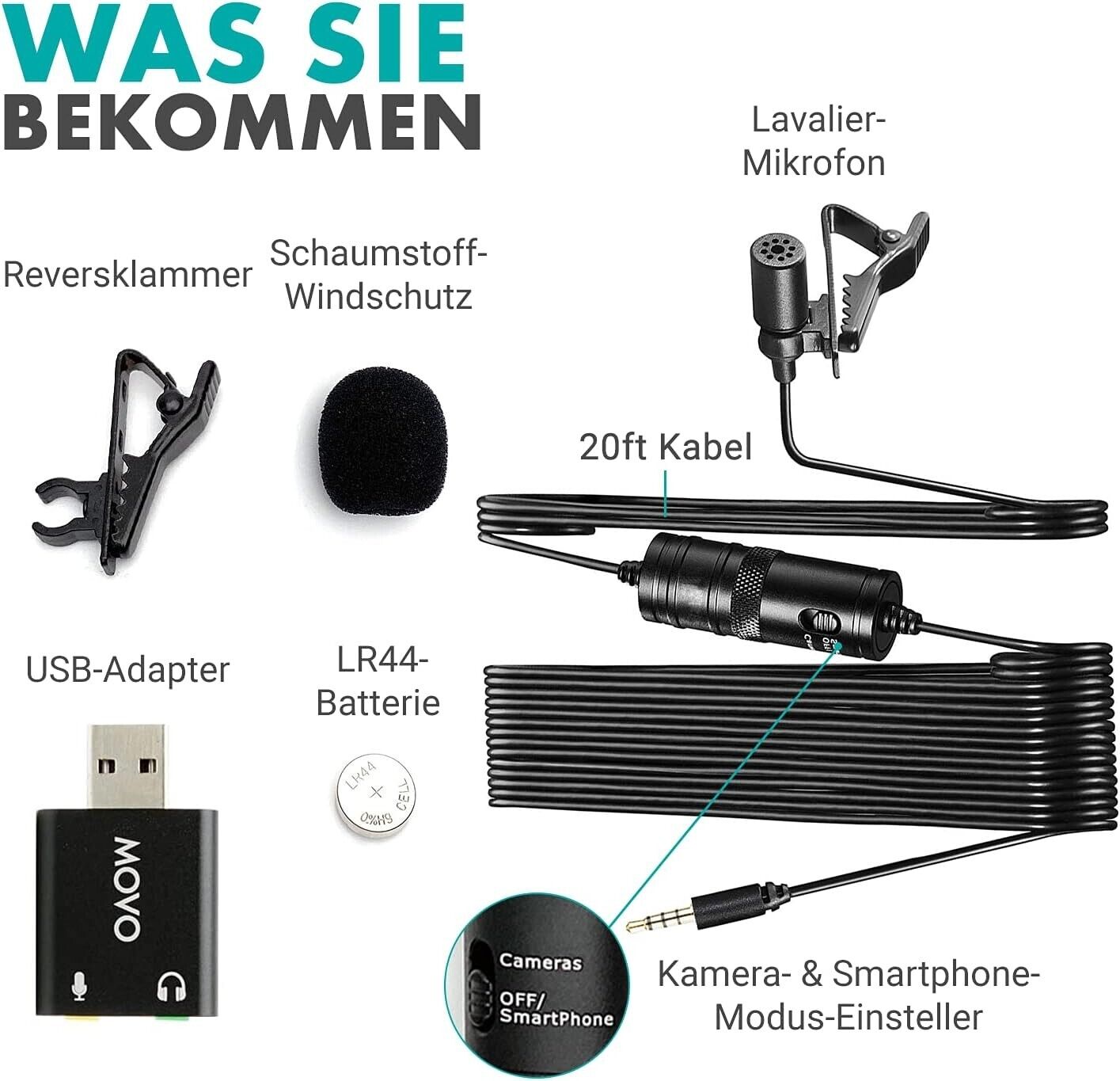 Professionelles Lavalier Mikrofon USB,Kondensator Ansteckmikrofon mit Soundkarte