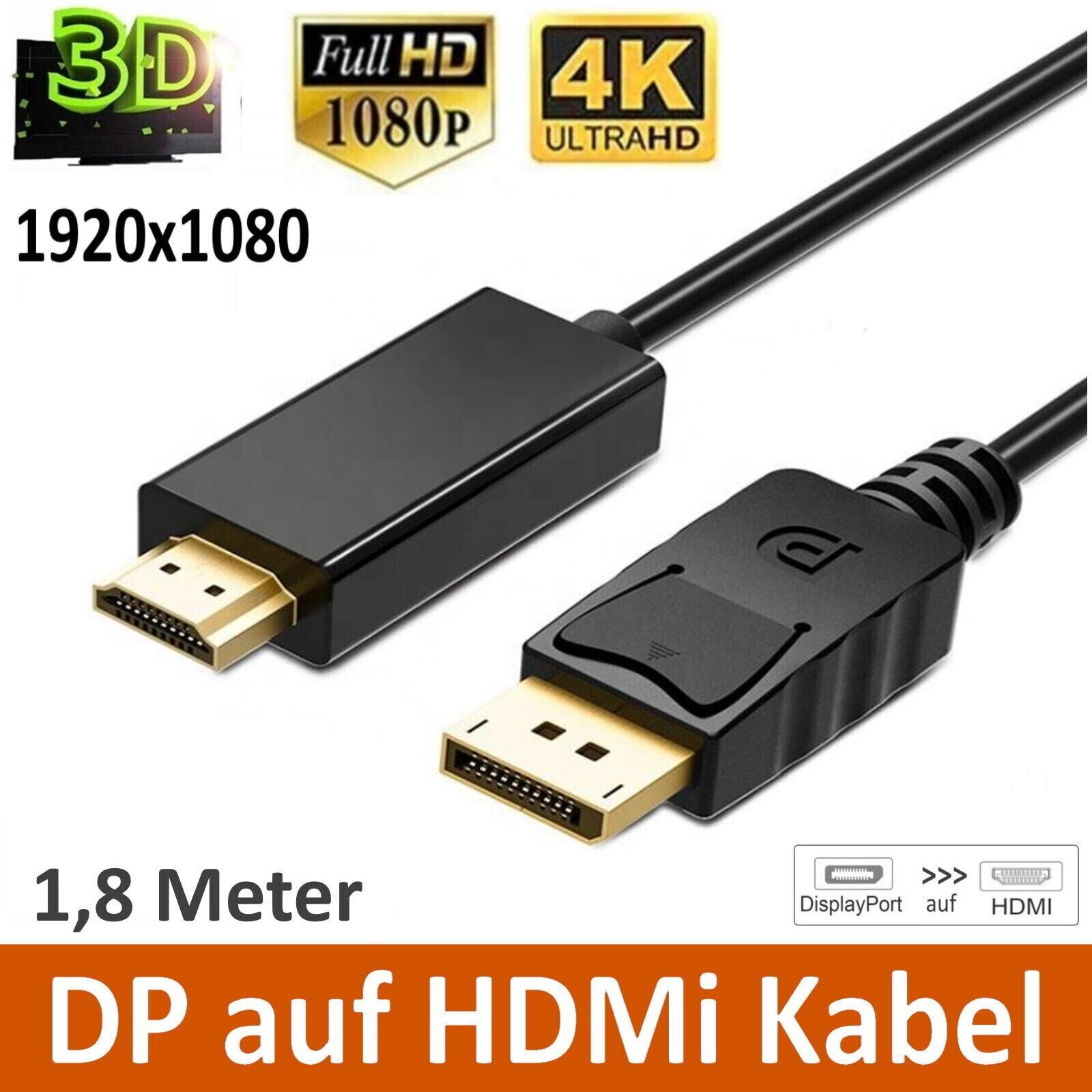 DisplayPort auf HDMI Kabel 1,8 M,Einwegübertragung DisplayPort DP-auf-HDMI-Kabel