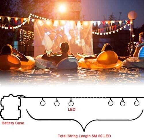 Batteriebetriebene LED-Lichterkette (5m, 50 LEDs, Warmweiß) – Wasserdicht, Biegbar, Für Garten & Deko