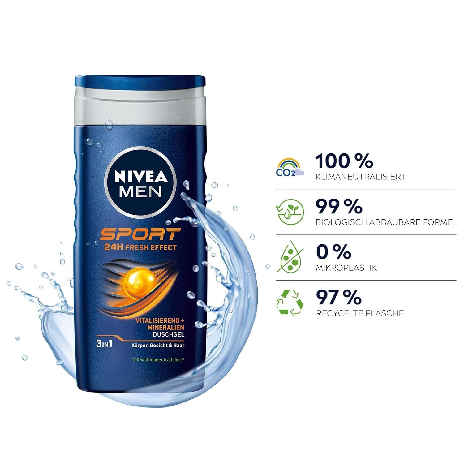 NIVEA MEN 3 in 1 Sport Duschgel, 250ml, Pflege-Dusche, für Körper/Gesicht/Haar