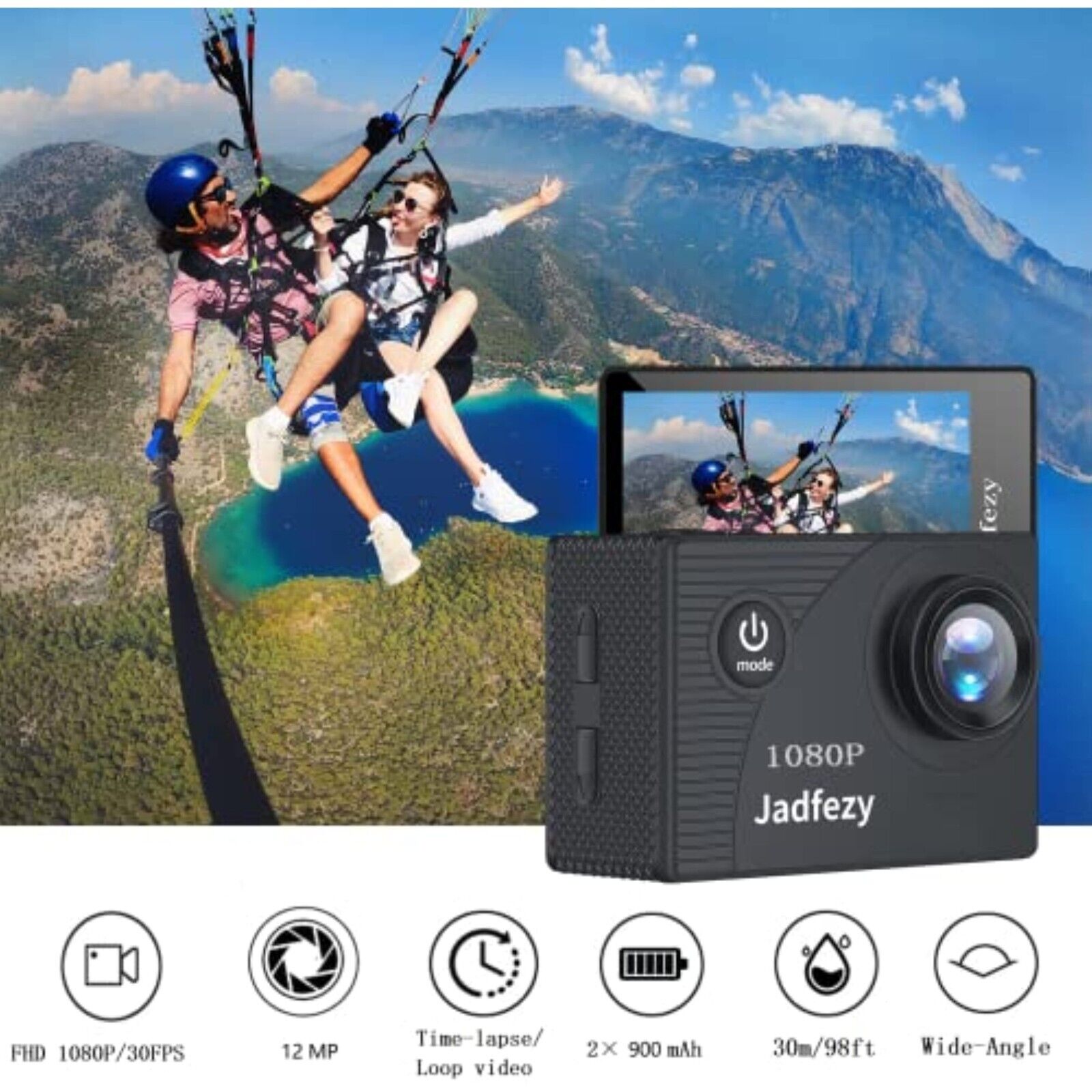 Jadfezy -1080-FHD-Action-Cam, (30 fps) wasserdicht bis 30M mit Zwei 900 mAh