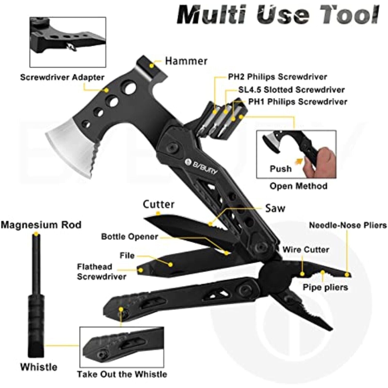 Multitool Multifunktionswerkzeug mit Hammer Axt Messer Zange Schraubendreher DE
