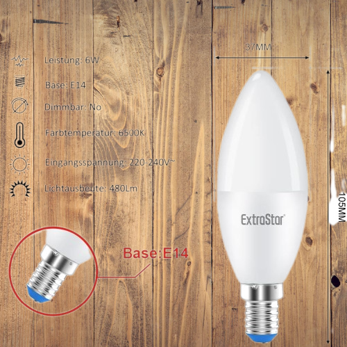 E14 LED Lampe weiss 6W Kerze Ersetzt 40W Glühbirne 480 Lumen 220-240V AC 6 Stück