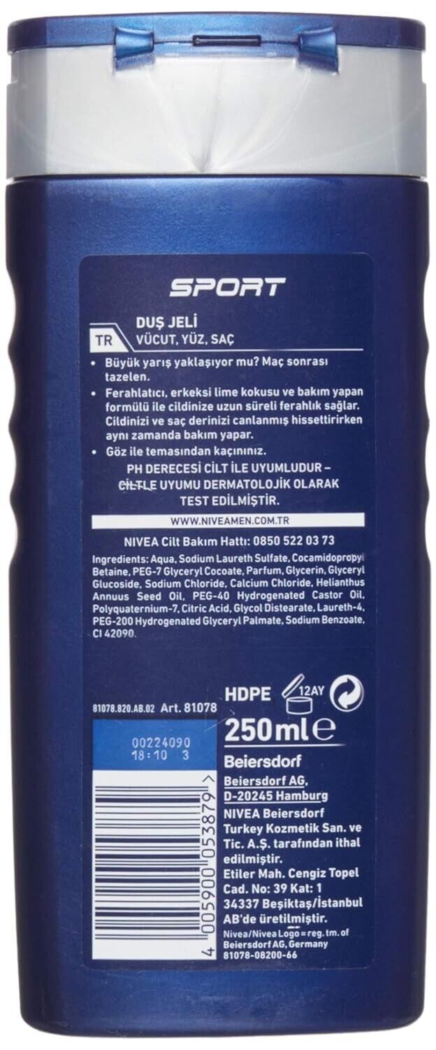 NIVEA MEN 3 in 1  Sport Duschgel, 250ml Pflege-Dusche Körper/Gesicht/Haar 24h