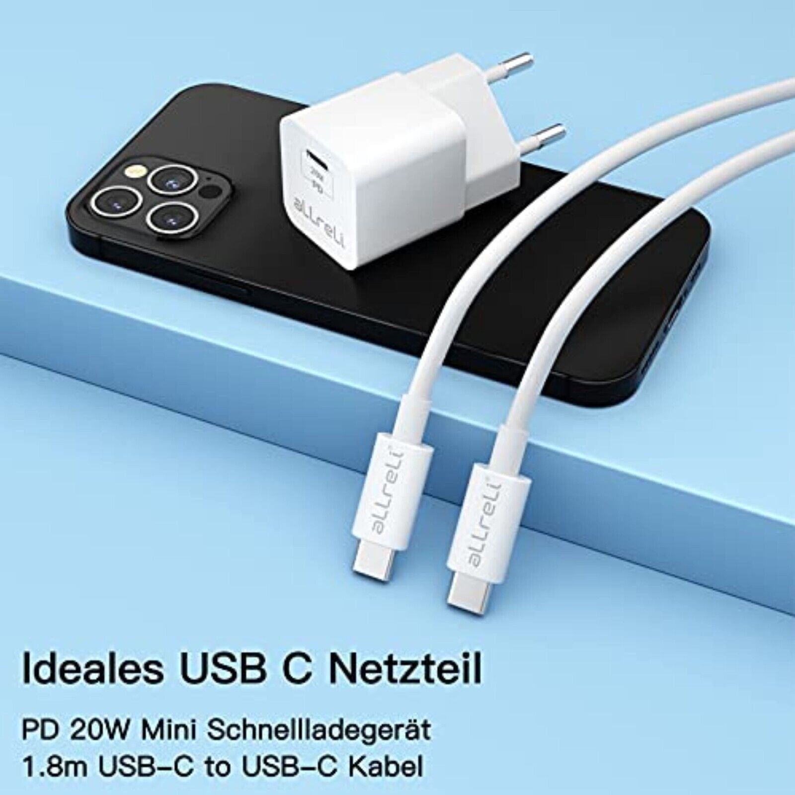 USB-C Ladegerät für iPhone 15, 20W PD 3 mit 1,8m Kabel, USB-C auf USB-C Netzteil Schnellladegerät