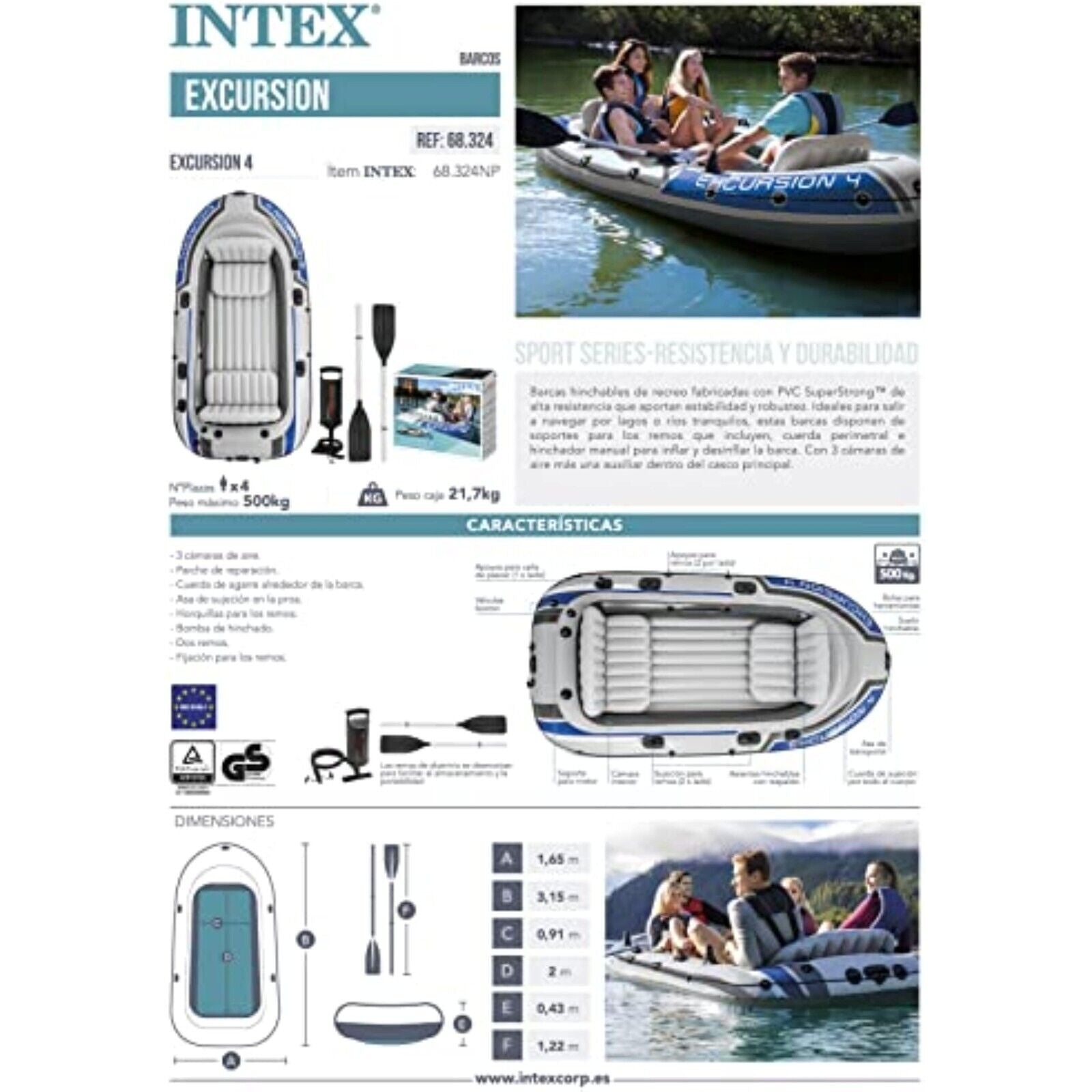 Intex Excursion 4 Set Schlauchboot - 315 x 165 x 43 cm - 3-teilig - Grau / Blau