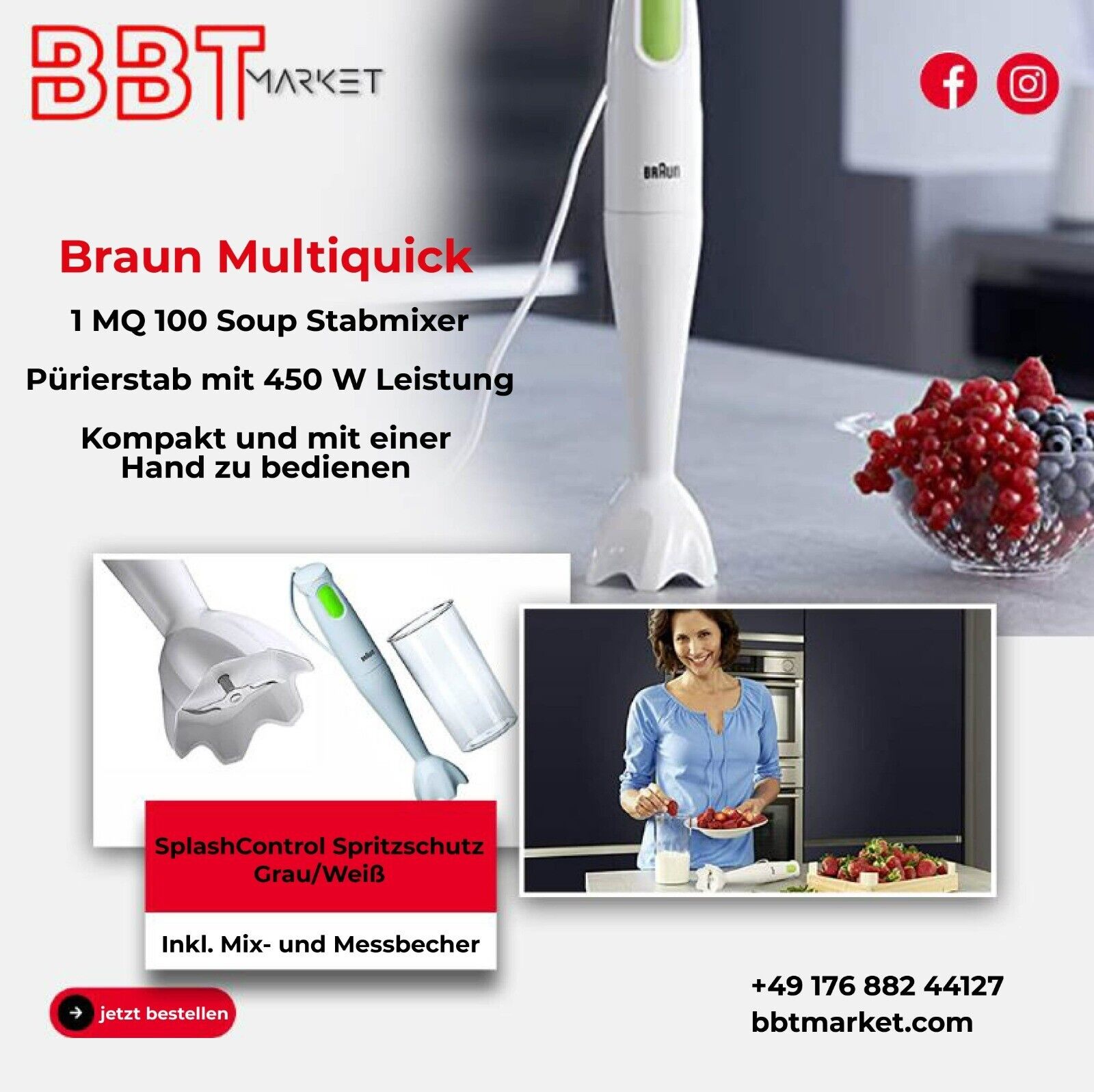 Braun Multiquick 1 Stabmixer MQ100 Soup Pürierstab 450 W Messbecher Spritzschutz