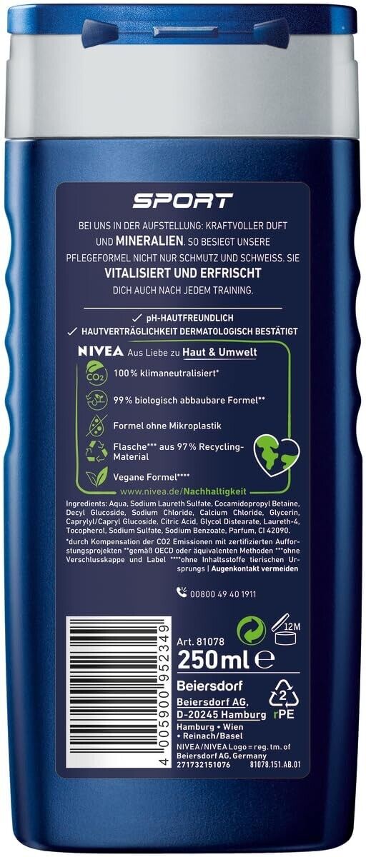 NIVEA MEN 3 in 1 Sport Duschgel, 250ml, Pflege-Dusche, für Körper/Gesicht/Haar