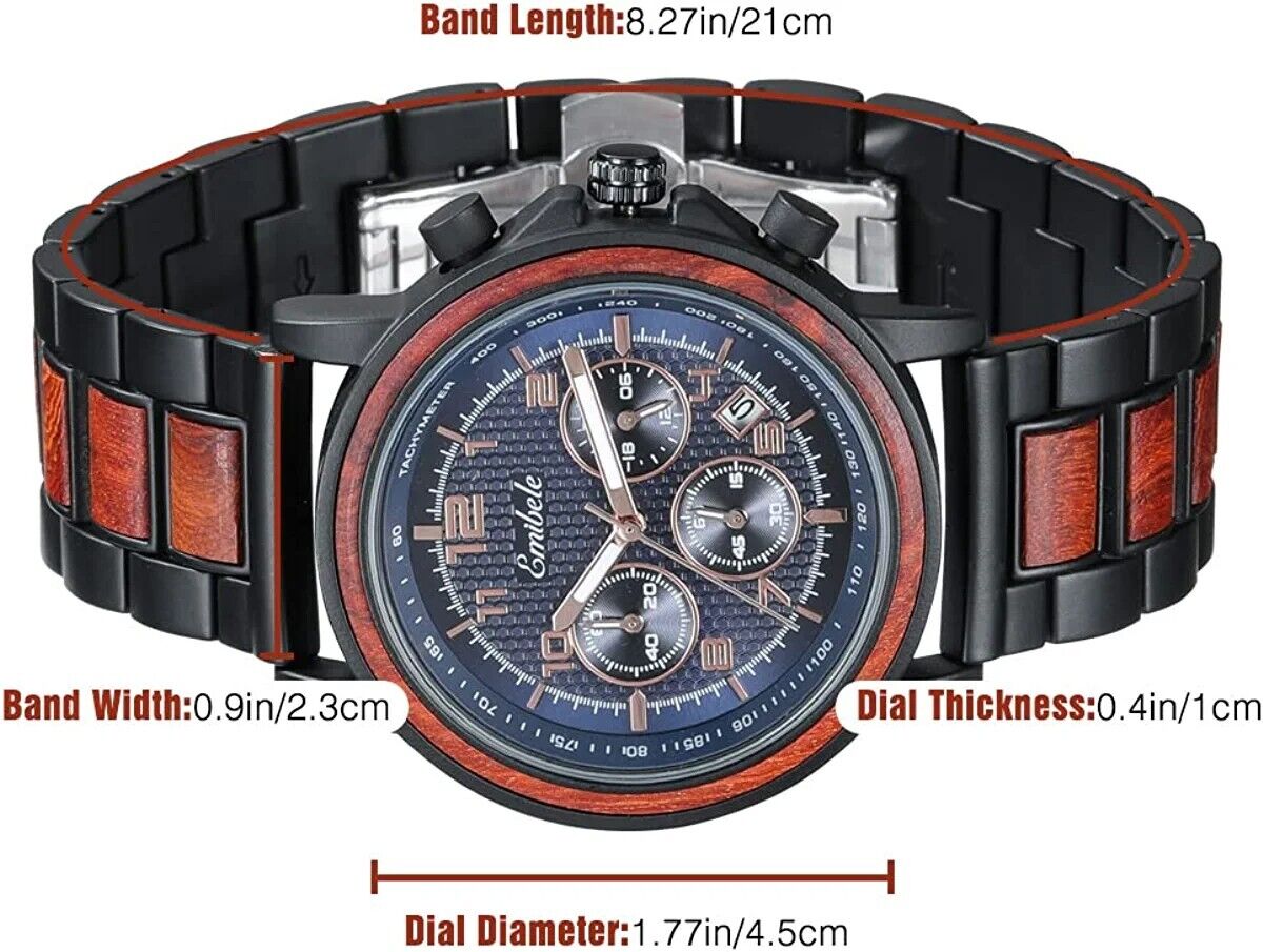 Emibele Herren-Armbanduhr, aus Holz,Chronograph,Holzuhr Datumsanzeige Leicht Uhr