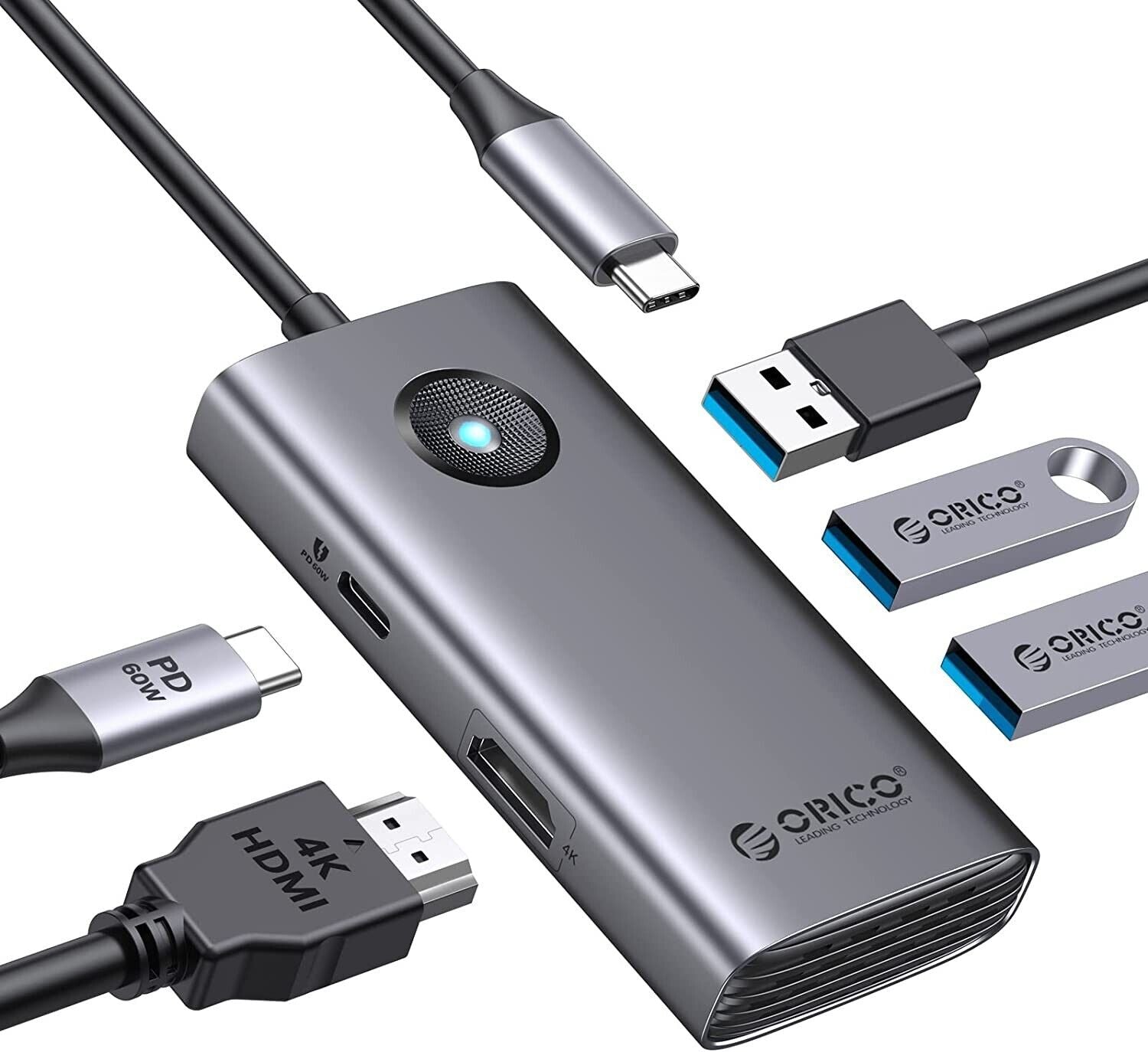 USB C Hub, ORICO 5 in 1 USB C Docking Station mit 4K HDMI, PD 60W, USB 3.0