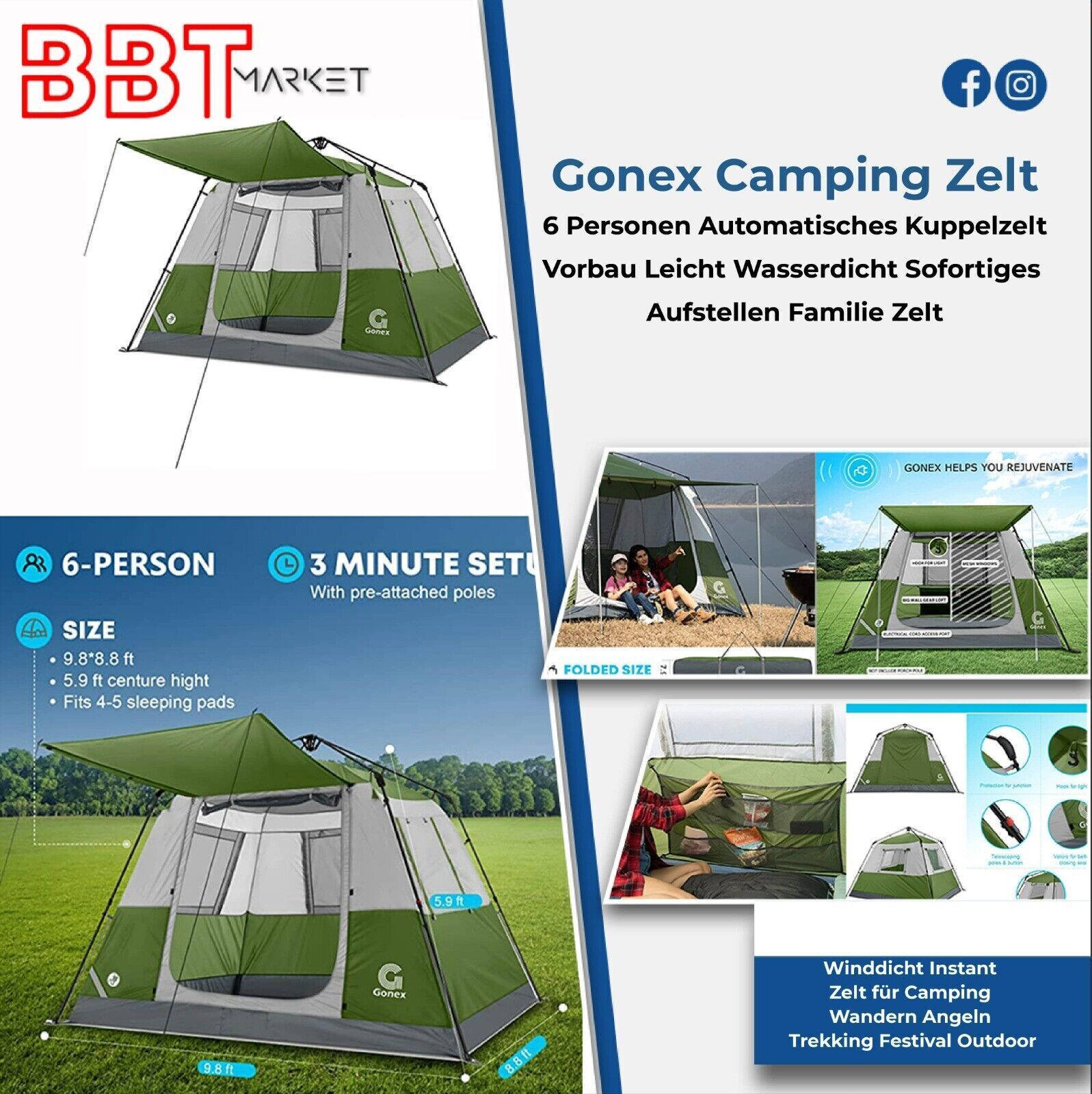 Camping Zelt, 1/10 Personen Zelt Kuppelzelt Igluzelt Festival-Zelt,Automatisches