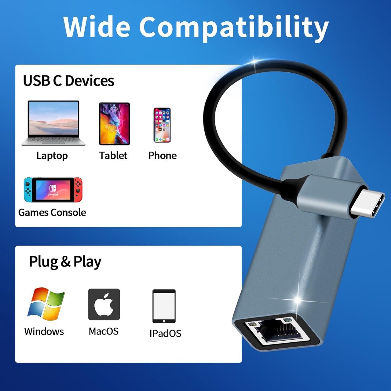USB C Ethernet Adapter Gigabit LAN RJ45 Netzwerkadapter 1000 Mbit/s Aluminium