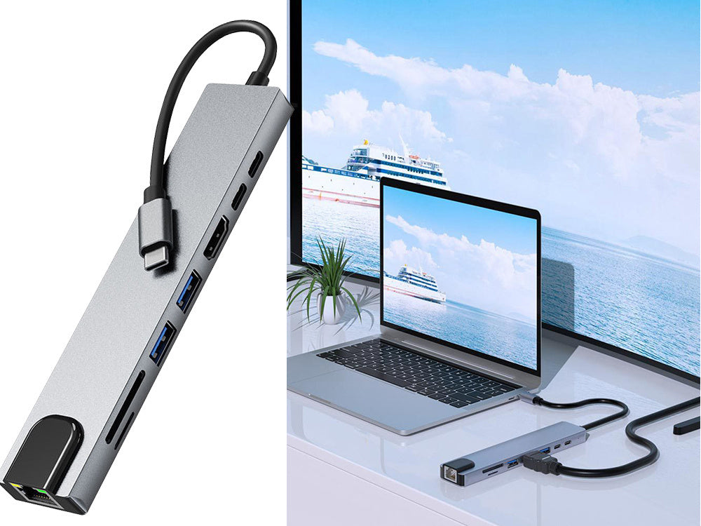 USB-C Hub 8-in-1 Adapter – Thunderbolt 3, HDMI 4K, Ethernet RJ45, SD/TF, USB & USB-C