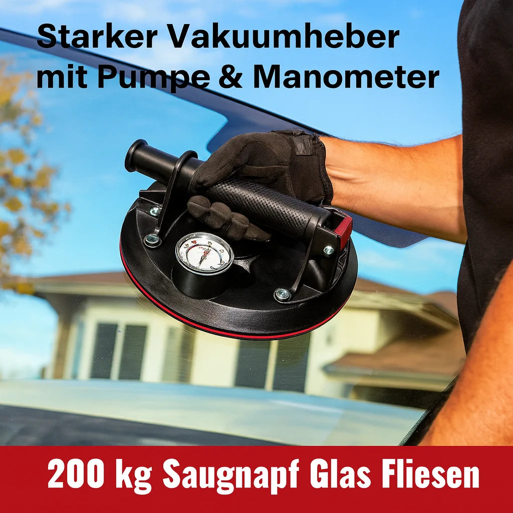 Vakuumheber bis 200 kg mit Manometer & Pumpe – 20 cm Saugnapf für Fliesen, Glas und Steinplatten