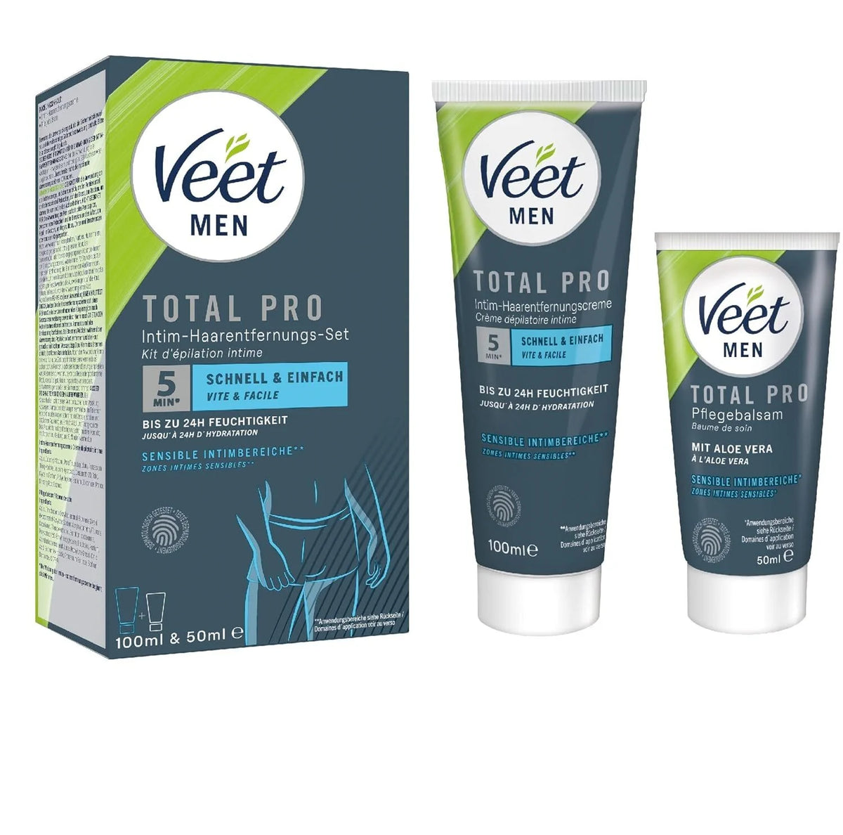 Veet Men Intim Haarentfernungs-Set – 100 ml Enthaarungscreme & 50 ml Pflegebalsam mit Aloe Vera