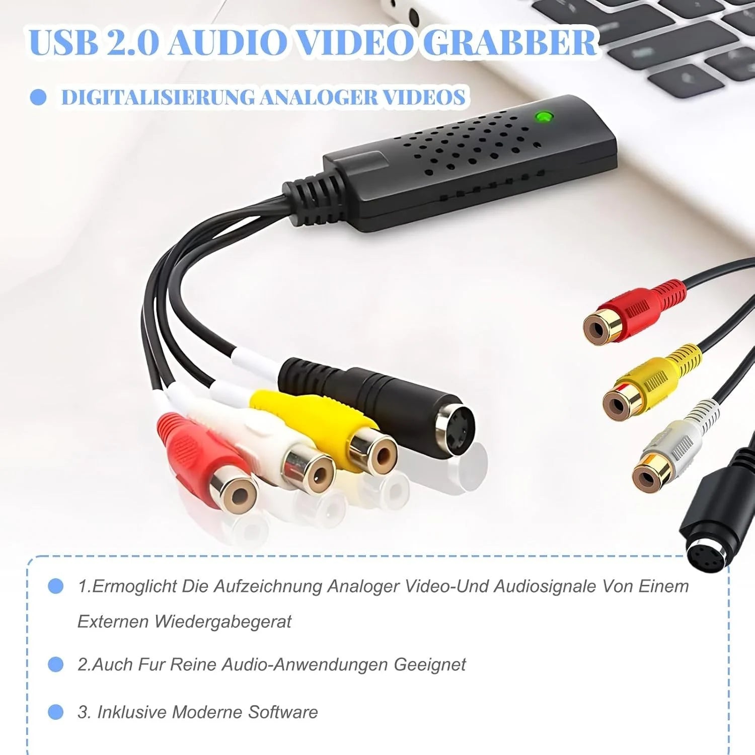 VHS zu PC USB Video Grabber – USB 2.0 Audio Video Konverter mit Cinch RCA & S-Video für PAL/NTSC