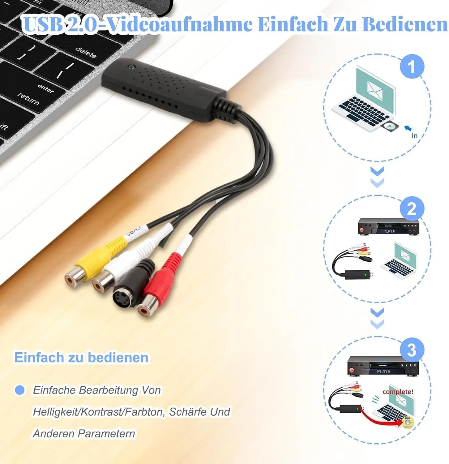 VHS zu PC USB Video Grabber – USB 2.0 Audio Video Konverter mit Cinch RCA & S-Video für PAL/NTSC