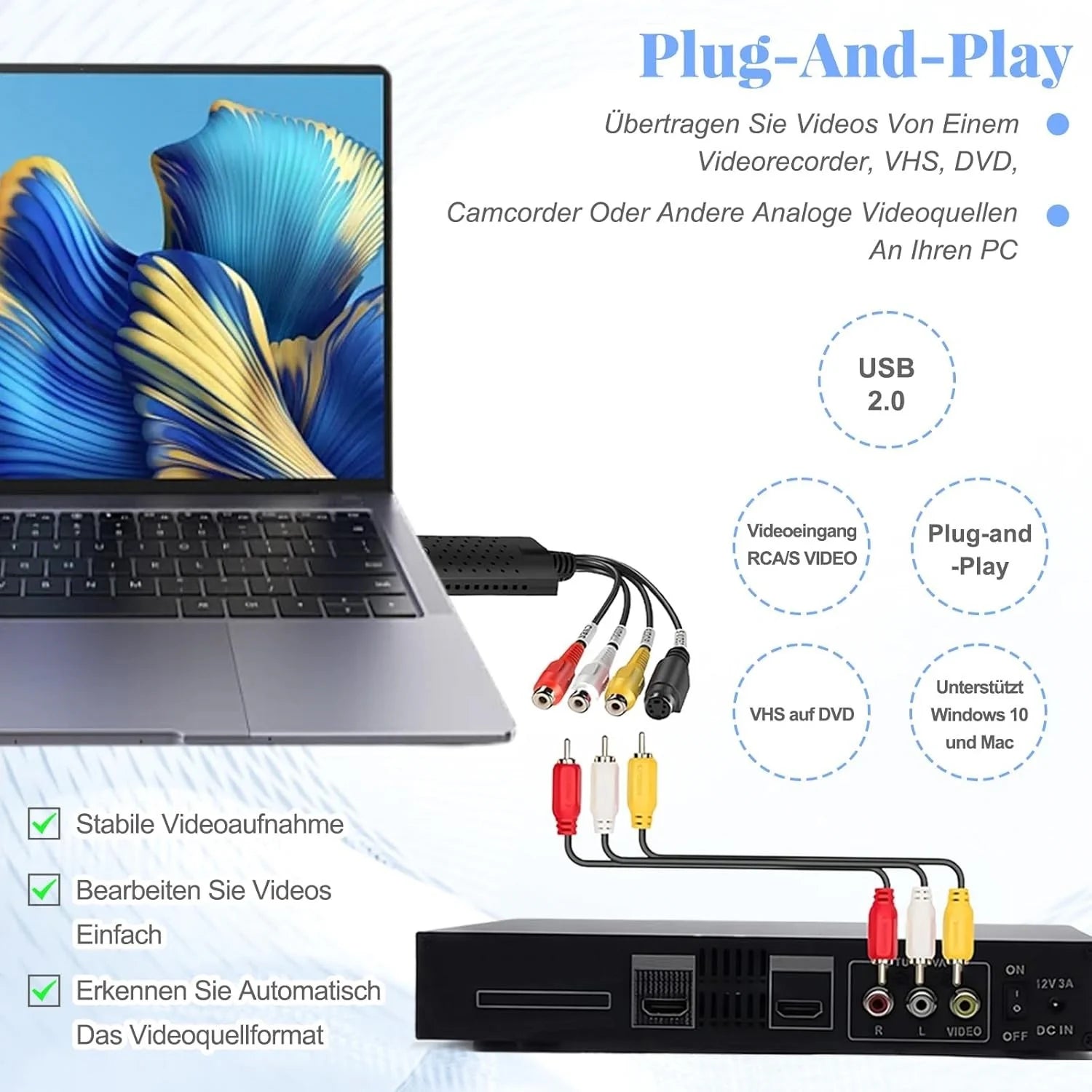 VHS zu PC USB Video Grabber – USB 2.0 Audio Video Konverter mit Cinch RCA & S-Video für PAL/NTSC