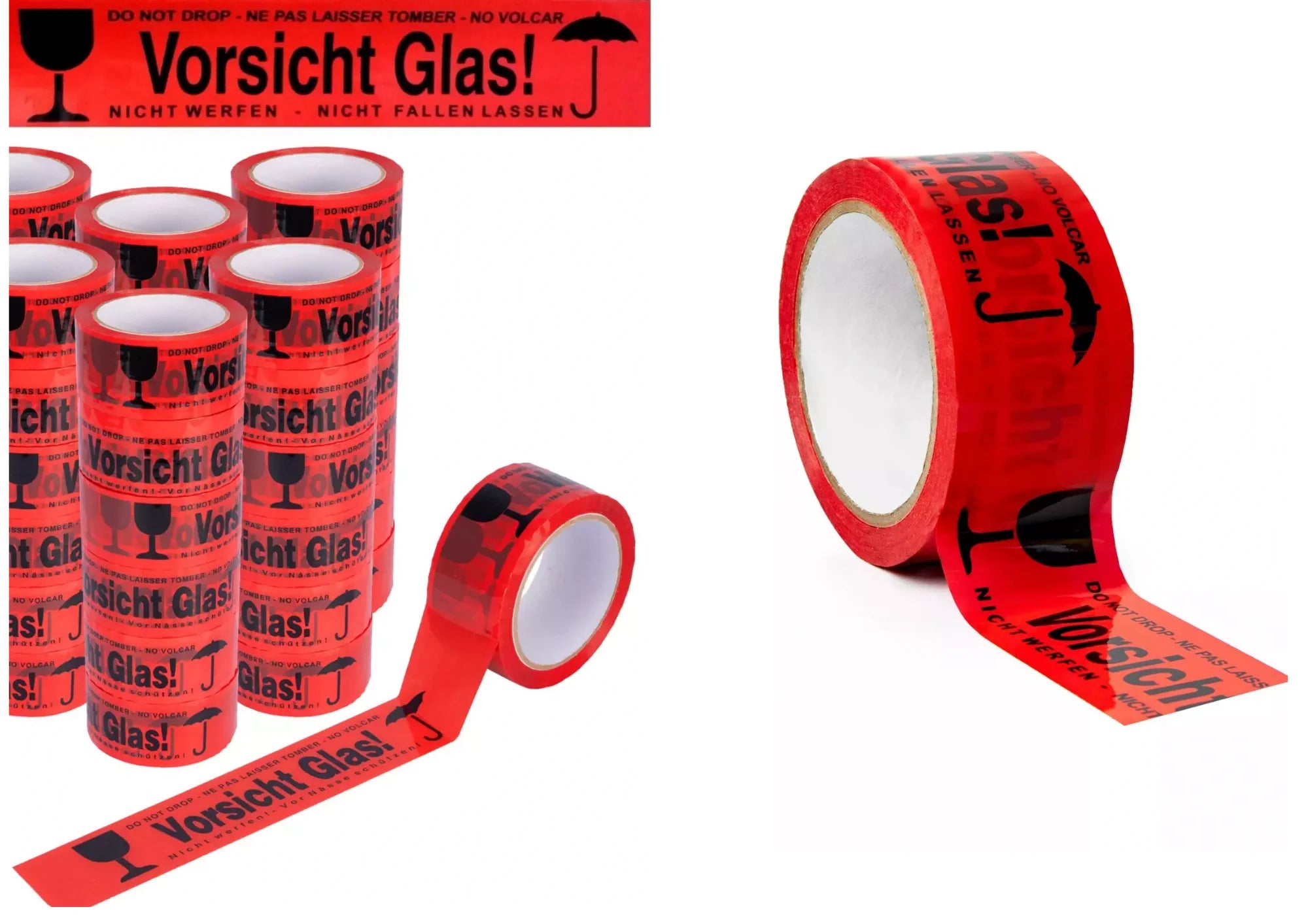 Vorsicht Glas Klebeband 48mm 66m Stark Warnband Paket 1-36 Rollen