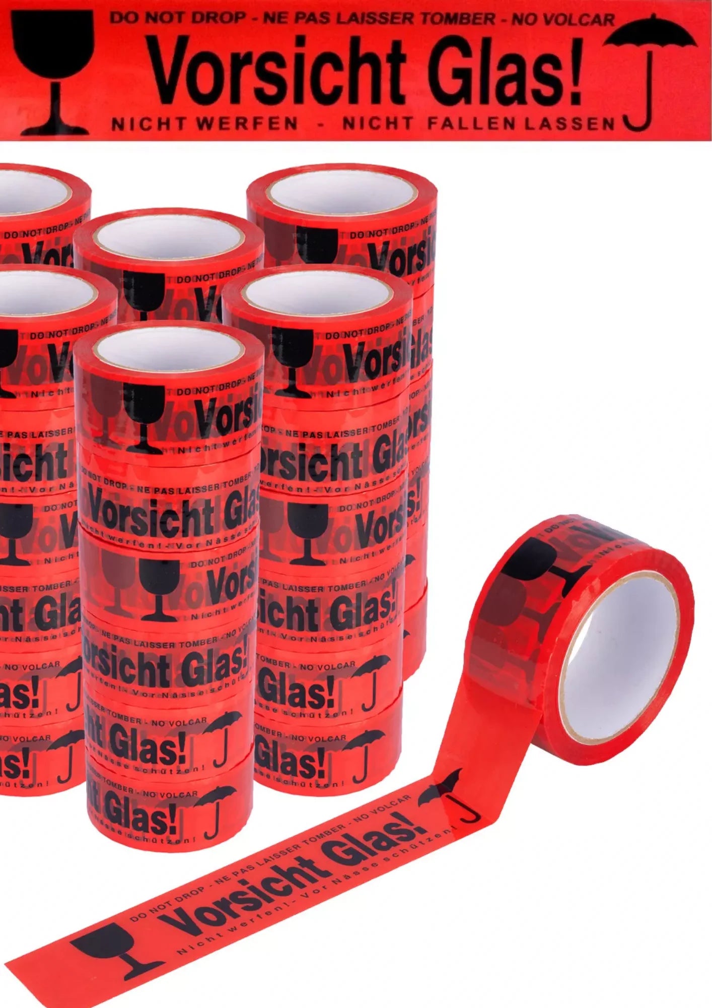 Vorsicht Glas Klebeband 48mm 66m Stark Warnband Paket 1-36 Rollen