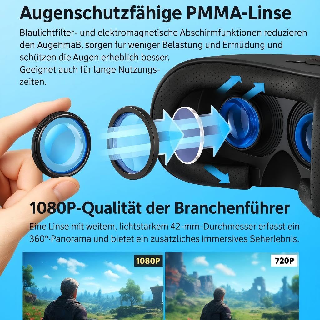VR Brille 3D für Smartphone & PC – Leichtes VR Headset mit Linsen-/Pupillen-Distanzregler, abnehmbarem Komfortpolster, kompatibel mit Android & iOS