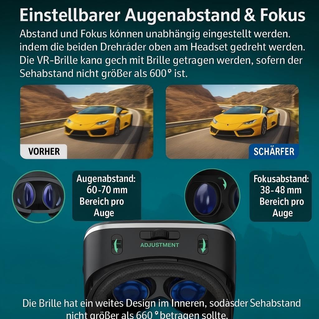 VR Brille 3D für Smartphone & PC – Leichtes VR Headset mit Linsen-/Pupillen-Distanzregler, abnehmbarem Komfortpolster, kompatibel mit Android & iOS