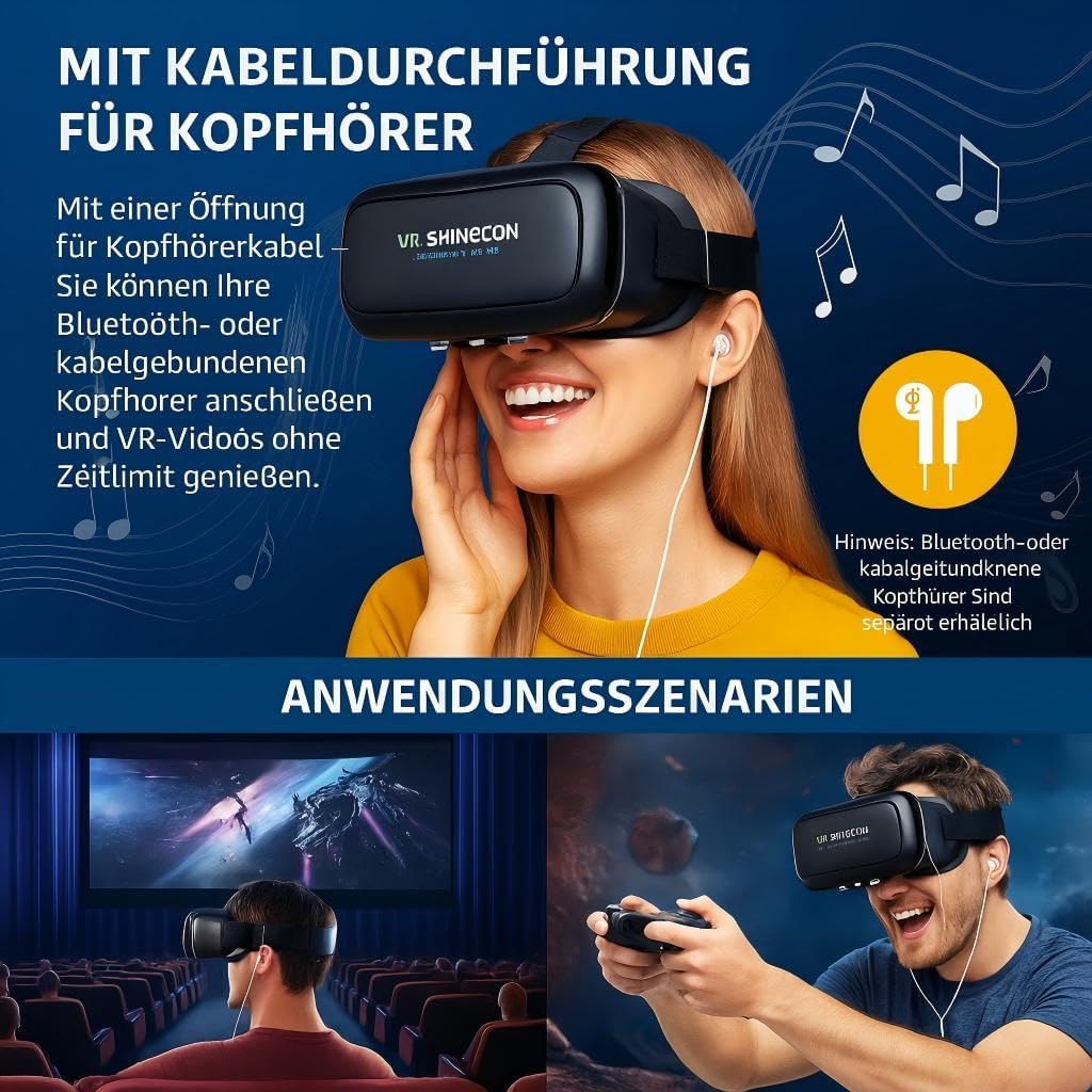 VR Brille 3D für Smartphone & PC – Leichtes VR Headset mit Linsen-/Pupillen-Distanzregler, abnehmbarem Komfortpolster, kompatibel mit Android & iOS