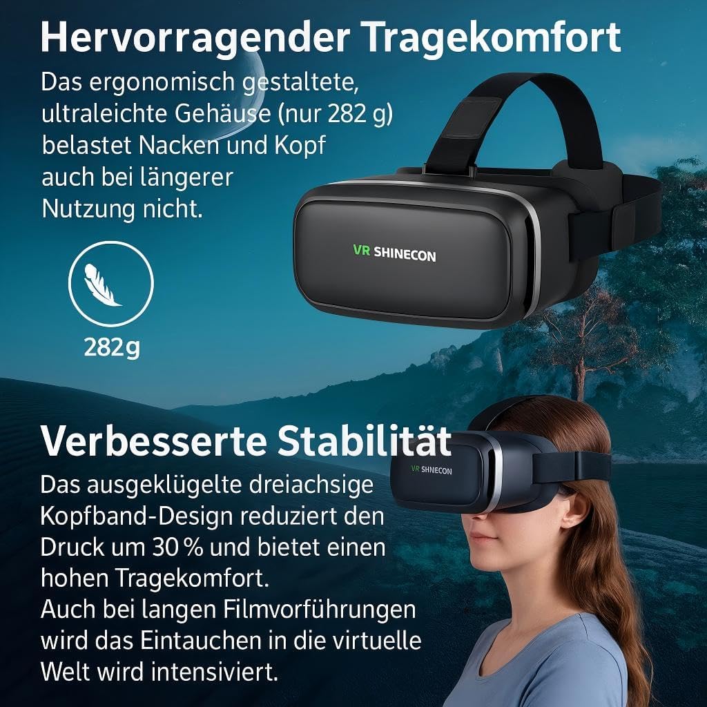 VR Brille 3D für Smartphone & PC – Leichtes VR Headset mit Linsen-/Pupillen-Distanzregler, abnehmbarem Komfortpolster, kompatibel mit Android & iOS