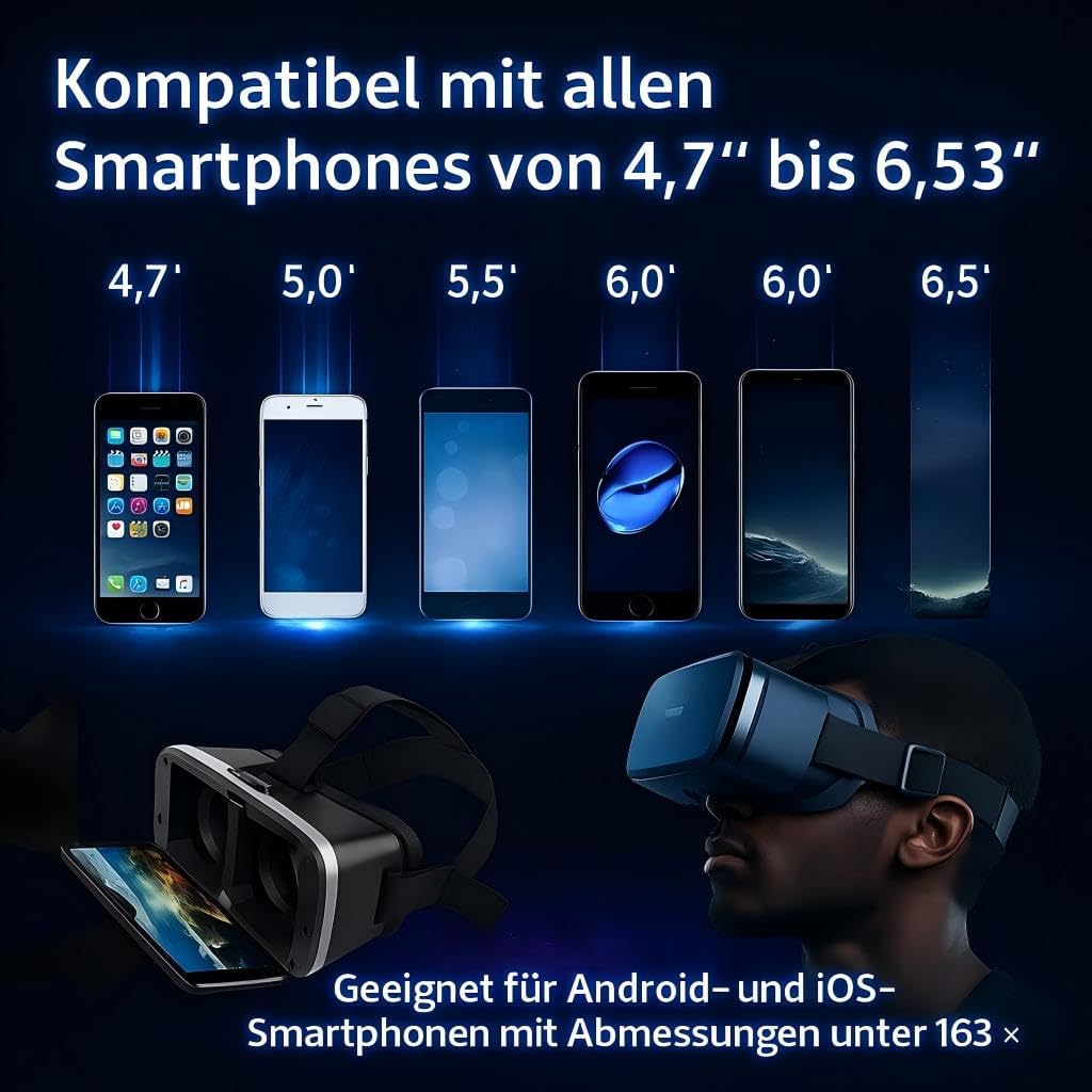 VR Brille 3D für Smartphone & PC – Leichtes VR Headset mit Linsen-/Pupillen-Distanzregler, abnehmbarem Komfortpolster, kompatibel mit Android & iOS