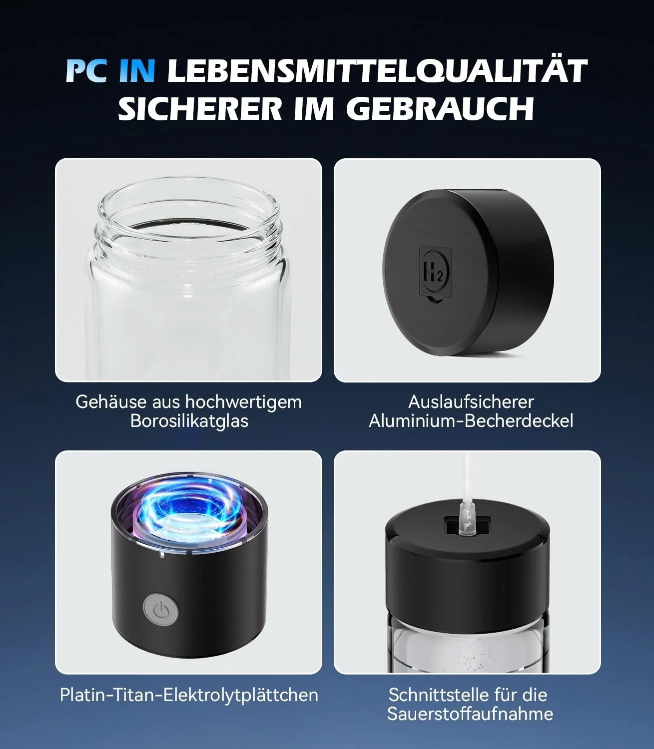 Wasserstoffflasche 450ml SPE PEM Wasserionisierer Borosilikatglas USB