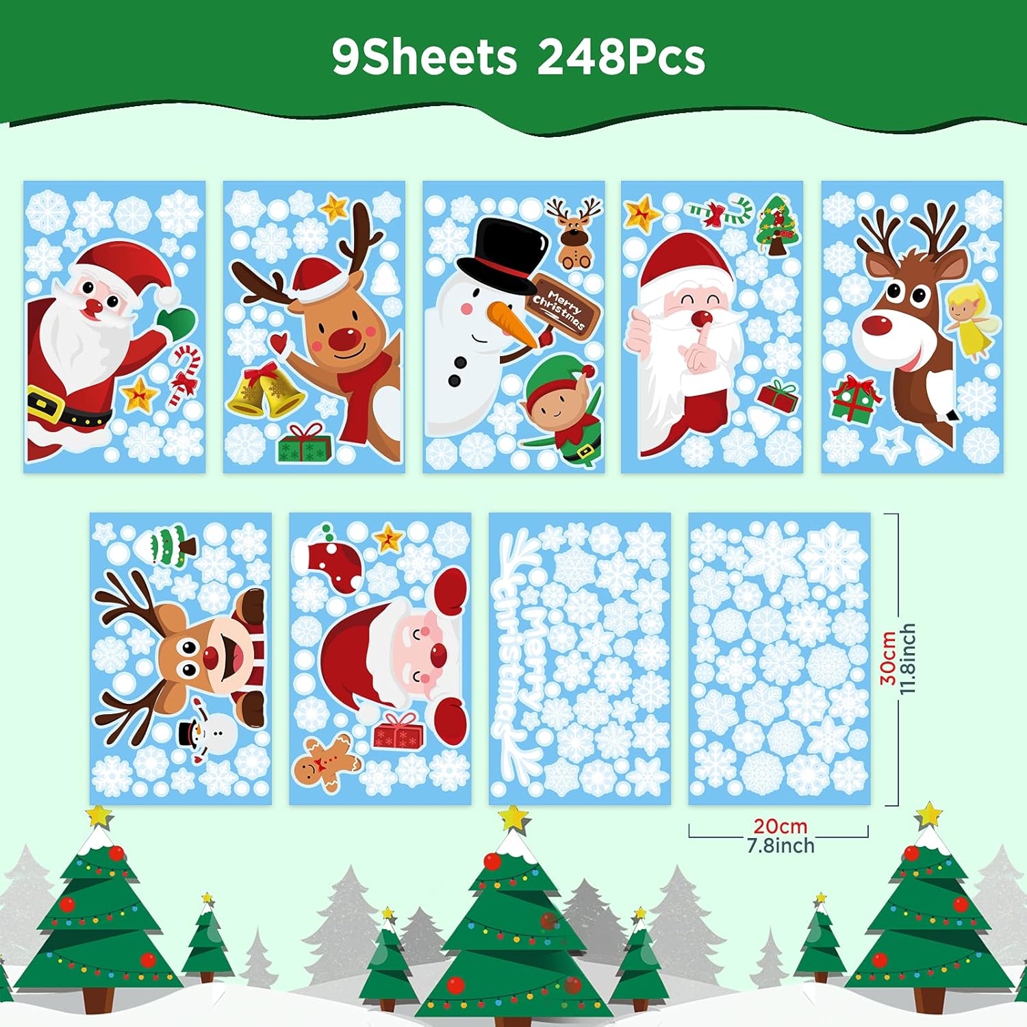 248 Stück Weihnachten Fensterbilder – Selbstklebende Schneeflocken Fenstersticker, 9 Bögen, Wiederverwendbar, Winter Fensterdeko