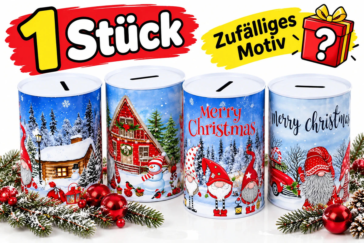 Weihnachts Spardose für Kinder aus Metall 12,5 x 8 cm – Geldbüchse Sparbüchse mit winterlichen Weihnachtsmotiven