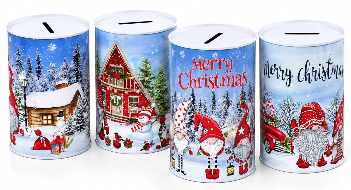 Weihnachts Spardose für Kinder aus Metall 12,5 x 8 cm – Geldbüchse Sparbüchse mit winterlichen Weihnachtsmotiven