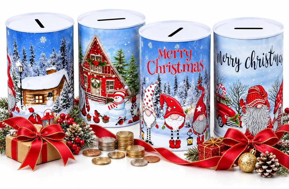 Weihnachts Spardose für Kinder aus Metall 12,5 x 8 cm – Geldbüchse Sparbüchse mit winterlichen Weihnachtsmotiven
