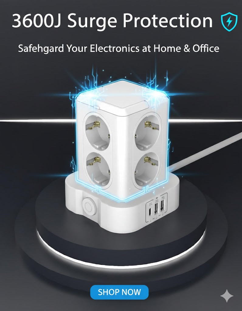 Steckdosenturm 8-Fach 3 USB 3680W 16A 2m Überspannungsschutz