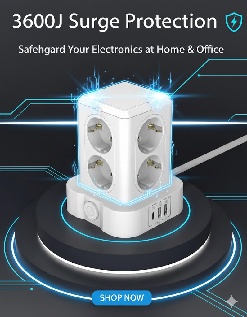 Steckdosenturm 8-Fach 3 USB 3680W 16A 2m Überspannungsschutz