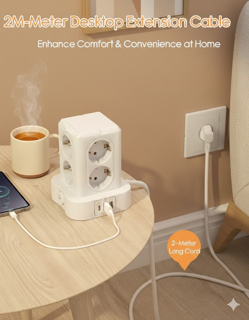 Steckdosenturm 8-Fach 3 USB 3680W 16A 2m Überspannungsschutz