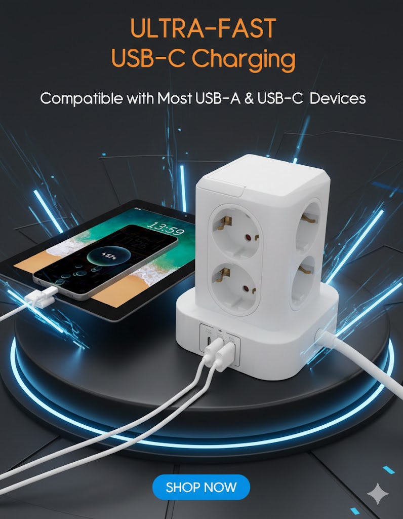 Steckdosenturm 8-Fach 3 USB 3680W 16A 2m Überspannungsschutz