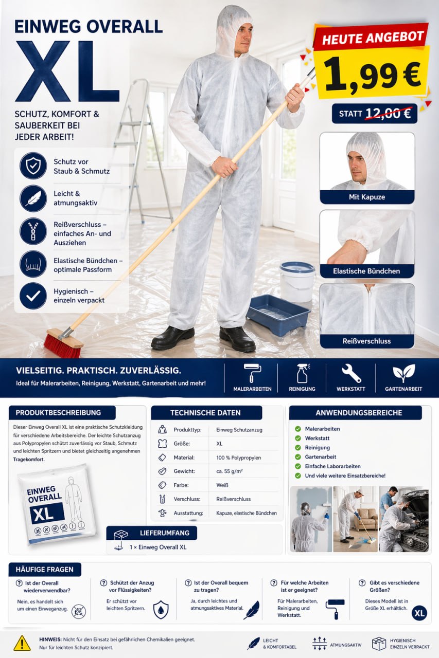 Einweg Overall XL Weiß – Schutzkleidung gegen Staub, Schmutz & Spritzer | Polypropylen Schutzanzug mit Kapuze