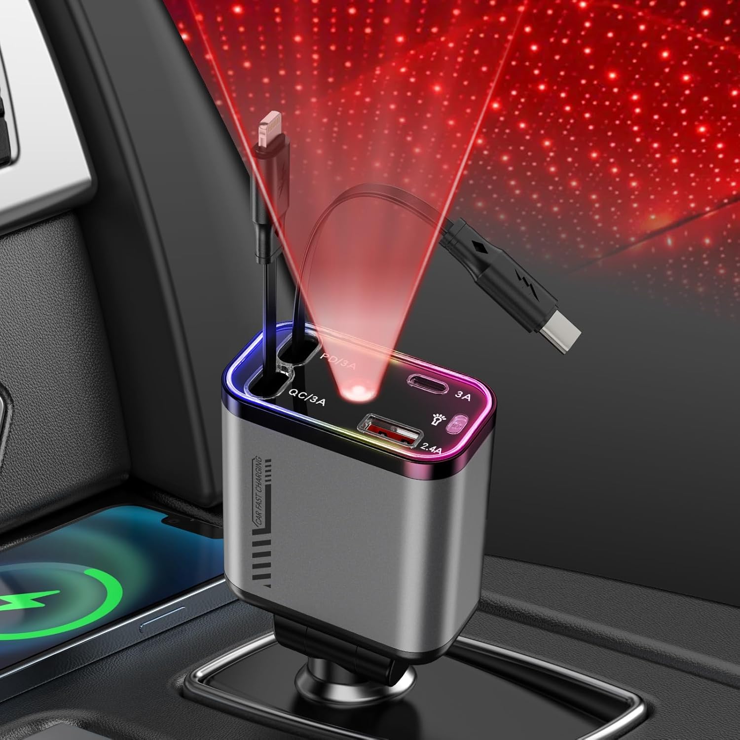 4-in-1 KFZ USB-C Ladegerät 69W – Schnelllade Auto Adapter mit Sternenhimmel