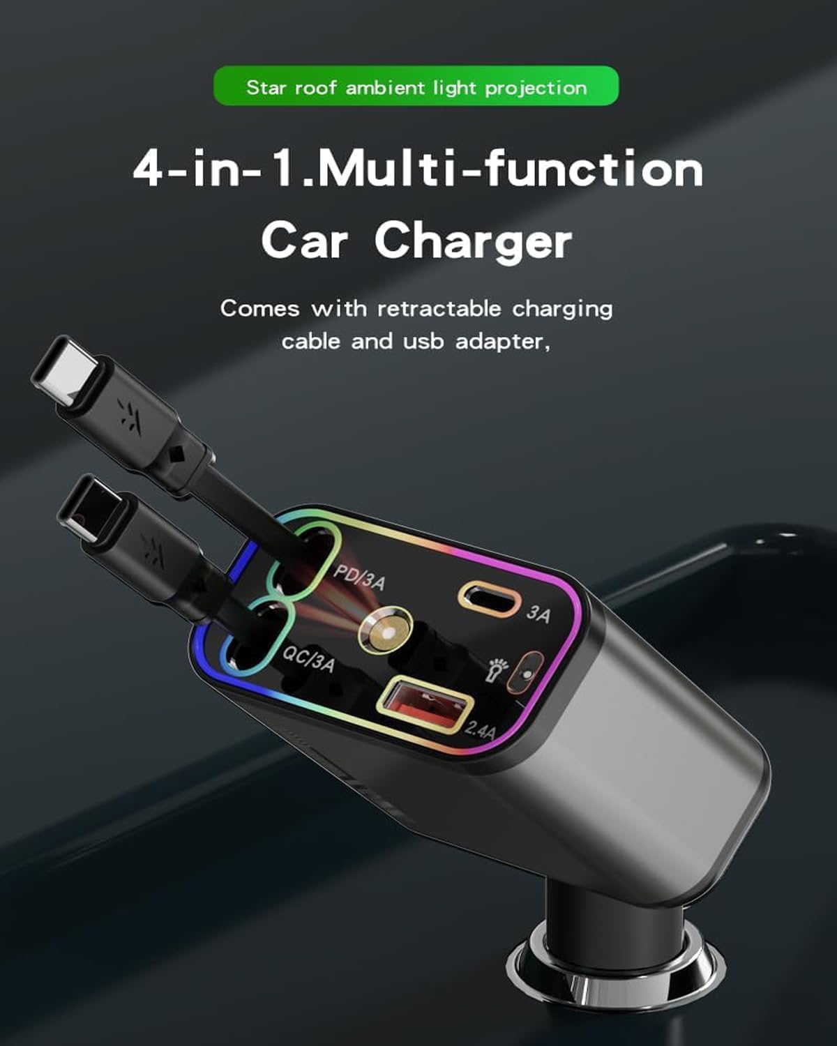 4-in-1 KFZ USB-C Ladegerät 69W – Schnelllade Auto Adapter mit Sternenhimmel